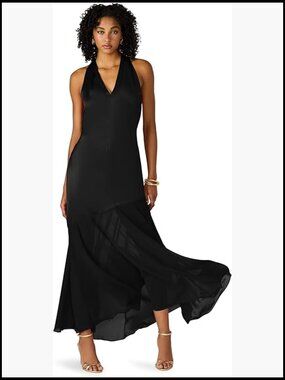 Halter Neck Maxi Dress, Stretch Charmeuse with Sheer Chiffon Skirt